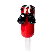 The Tyson Heavy Bag Glass Bowl Slide 14mm features a red punching bag design with two black boxing gloves hanging from white hooks, shown against a white background.