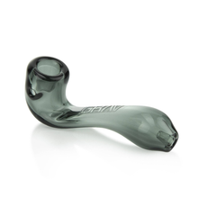 The Grav Mini Sherlock is a translucent gray hand pipe with a curved shape and deep bowl, shown on a white background.