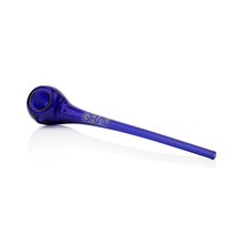 The Grav Gandalf is a blue glass pipe with "GRAV" etched on the side, a rounded bowl, and a long mouthpiece for an elegant smoking experience. Shown on a white background.