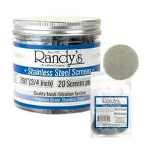 Randy's Screen Jars contain 20 stainless steel mesh screens, each labeled .750" (3/4 inch). The packaging includes either a jar or packet, with a detailed metal mesh screen shown beside it.