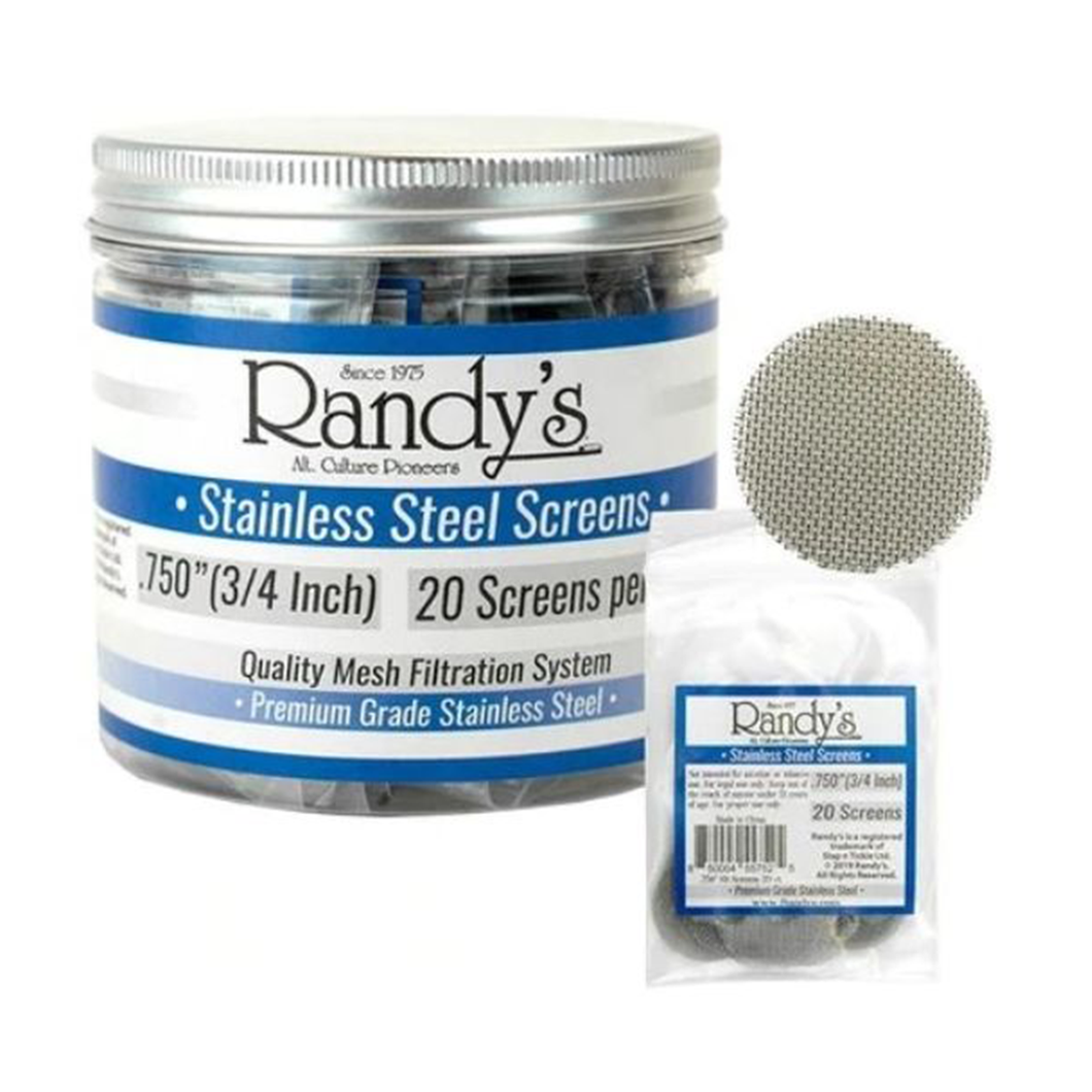 Randy's Screen Jars contain 20 stainless steel mesh screens, each labeled .750