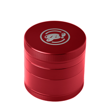 The BIGFUN! Medium Grinder is a shiny red aluminum grinder with a textured grip and a white stylized logo on the lid. It features a pollen sift for collecting fine herbs, shown here against a white background.