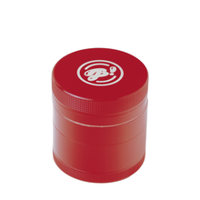 The BIGFUN! Small Grinders is a compact, cylindrical red aluminum grinder with textured edges and a white stylized B! logo on top. Ideal for pollen sifting, it’s shown against a white background.