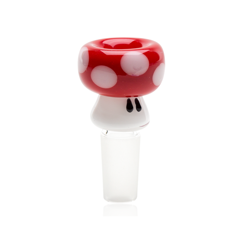 The Empire Glass Works Red Mushroom Bowl is a borosilicate glass accessory for water pipes, featuring a red and white spotted mushroom design with a clear base.