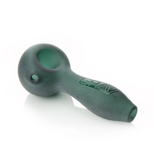 The Grav Sandblasted Spoon is a frosted green pipe with a matte finish, featuring a rounded deep bowl and GRAV embossed on the side, shown against a white background.