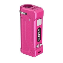 The Yocan UNI Pro is a pink electronic box mod with variable voltage, a digital display, two arrow buttons, and a USB charging port on the front. The top features a circular slot for tank attachment.