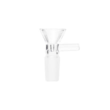 The Human Grade Standard Ash Catcher is a clear glass, funnel-shaped bowl with a short side handle, designed for use with water pipes or bongs, shown isolated on a white background.