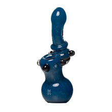 The Human Grade Sherlock Bubbler is a handmade blue borosilicate glass water pipe with a bulbous base, black accents, and an abstract design, shown upright against a white background.