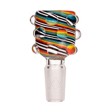 The MJ Arsenal Hobnail Rainbow Bowl 14mm is a vibrant borosilicate glass piece featuring swirling red, orange, yellow, green, blue, and black stripes with clear glass dots and a frosted 14mm male connector.