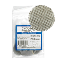A clear plastic bag labeled Randy's Screen Jars contains 20 round 0.75-inch stainless steel pipe screens, with a close-up inset displaying the mesh pattern.