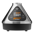 A close-up of the Storz & Bickel Volcano Hybrid highlights its digital display at 180°C, control buttons, and orange branding on a sleek silver and black design. The Easy Valve Balloon allows for effortless vapor enjoyment.