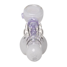 The Frit Hammer Bubbler is a glass hand pipe with a clear and light purple design. Viewed from above, it features a rounded bowl at one end and two circular chambers along its hammer-shaped body.