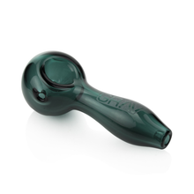 The Grav Classic Spoon Pipe, a dark green scientific glass pipe with a rounded bowl, straight stem, and ash-catching mouthpiece, is displayed on a white background.