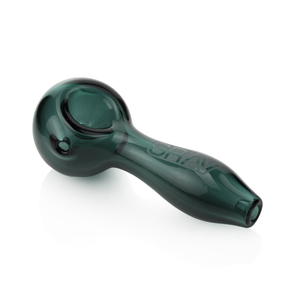 The Grav Classic Spoon Pipe, a dark green scientific glass pipe with a rounded bowl, straight stem, and ash-catching mouthpiece, is displayed on a white background.