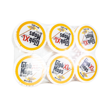 Six-pack of Glob Mops XL 2.0 containers, each holding 300 bamboo cotton swabs for quartz nail cleaning, labeled in yellow, white, and black, arranged two by three on a white background.