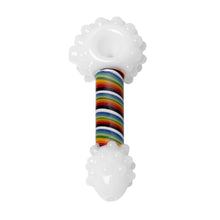The Human Grade Rainbow Spoon Pipe is a handmade borosilicate glass piece with a multicolored striped stem and white textured ends with raised bumps, shown against a white background.