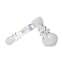 The Frit Hammer Bubbler features a clear glass body with a bulbous chamber, curved neck, mouthpiece, and a small purple accent. The pipe is empty and has smooth surfaces throughout.
