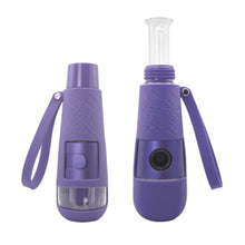 Two Thicket V2 Water Pipes in purple, both portable with silicone straps and leak-proof design. One displays the glass mouthpiece extended, the other retracted; each features a button and transparent lower chamber for convenience.