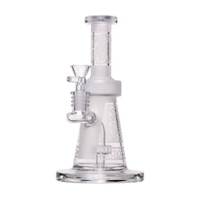The Human Grade Aztec (Sandblasted) Glass Water Pipe features clear borosilicate glass, a wide base, cylindrical neck, side bowl, and sandblasted geometric patterns inspired by Aztec water pipe designs.