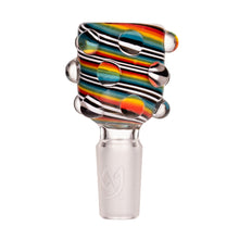 The MJ Arsenal Hobnail Rainbow Bowl 14mm is a borosilicate glass bowl for water pipes with a 14mm male joint, featuring vibrant black, white, blue, yellow, and red stripes, clear glass bubbles, an etched logo on the frosted base.