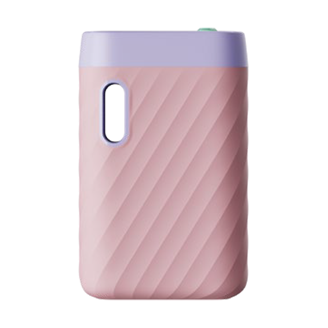 The CCELL Sandwave is a small, rectangular pink device with diagonal grooves, a purple top edge, green button, oval side cutout, and supports convenient Type-C charging.