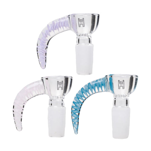 The Human Grade Horned Glass Bowl 14mm Pack of 3 includes clear flower bowls with purple, blue, and light pink horn handles, engraved logo, frosted joints—perfect as stylish bong or water pipe accessories.