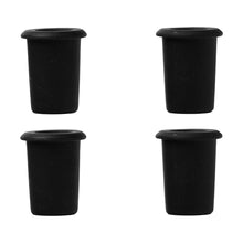 Four black rubber chair leg caps are arranged in a 2x2 grid on a white background. Each cylindrical cap with a flared rim is perfect for use with your MJ Arsenal Space Station or glass accessory organizer.