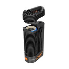 The Storz & Bickel Crafty+ Vaporizer USB-C Charger is shown in black with a textured grip, orange branding and buttons, and an open top revealing the heating chamber on this convection/conduction vaporizer.