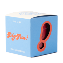A blue and white BIGFUN! box with an exclamation mark-shaped cutout displays a large aluminum grinder inside. The label reads: Large 2.5-inch, 4-piece aluminum grinder with pollen sift.