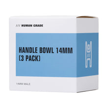 A white and blue box labeled Human Grade Handle Bowl x3 - 14mm with "HUMAN GRADE" and "14mm male joint" printed on one side, plus a line drawing of a figure with raised arms.