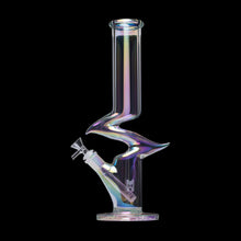 The Human Grade Iridescent Zing Water Pipe is a borosilicate glass Z-shaped piece with an iridescent finish, unique zigzag neck, round base, and angled downstem with bowl, shown against a black background.