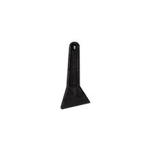 The Human Grade Grinder 4C (2.5") includes a black plastic scraper with a flat, wide triangular blade and short handle with a hanging hole—perfect for cleaning your ceramic coated grinder. Shown isolated on a white background.