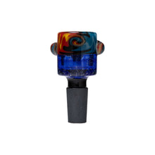 The Glass Straight Bowl 1A 14mm features a vibrant red, yellow, and blue swirl design on a black glass base. This 14mm male water pipe accessory is displayed against a white background.