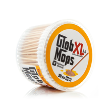 A round plastic container of Glob Mops XL 2.0 with a white lid and yellow label contains 300 extra absorbent bamboo cotton swabs, ideal for quartz nail cleaning. The label includes social media handles.