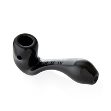 The Grav Classic Sherlock is a glossy black glass pipe featuring a round bowl and curved stem, showcased against a white background.