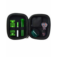 The Happy Kit OG Pipe Bundle features a compact black zippered case with organized slots for rolling papers, a green tube, lighter, grinder, and glass pipe—perfect as a travel-friendly kit for on-the-go use.